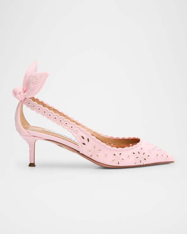 Cotton Eyelet Bow Tie Kitten Pumps